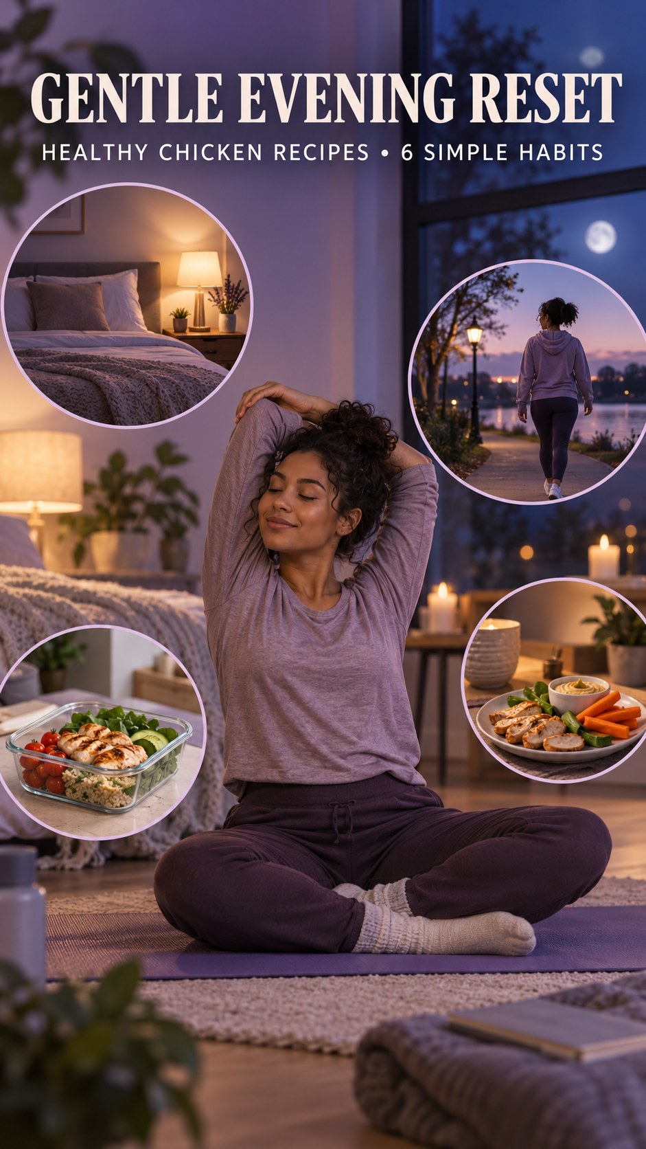 Night routine infographic for Healthy Chicken Recipes showing create a bedtime reminder and 6 practical evening habits.
