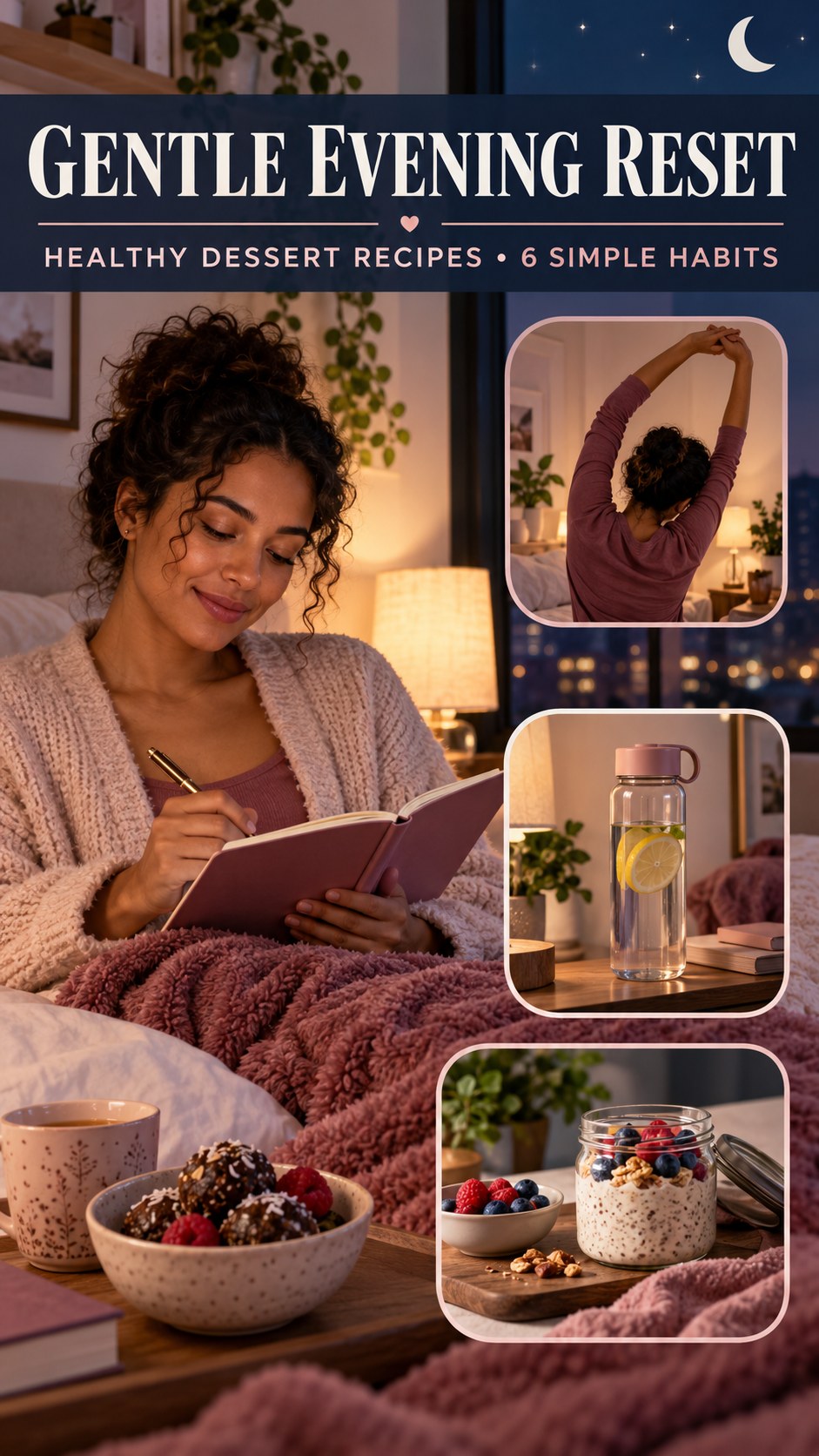 Night routine infographic for Healthy Dessert Recipes showing choose a calm activity and 6 practical evening habits.