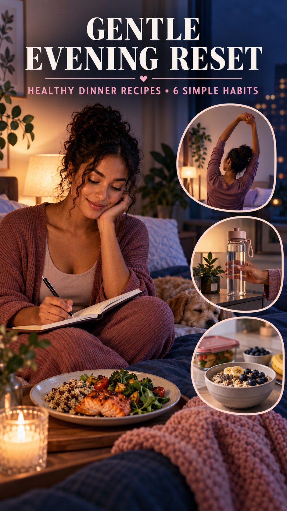 Night routine infographic for Healthy Dinner Recipes showing choose a calm activity and 6 practical evening habits.