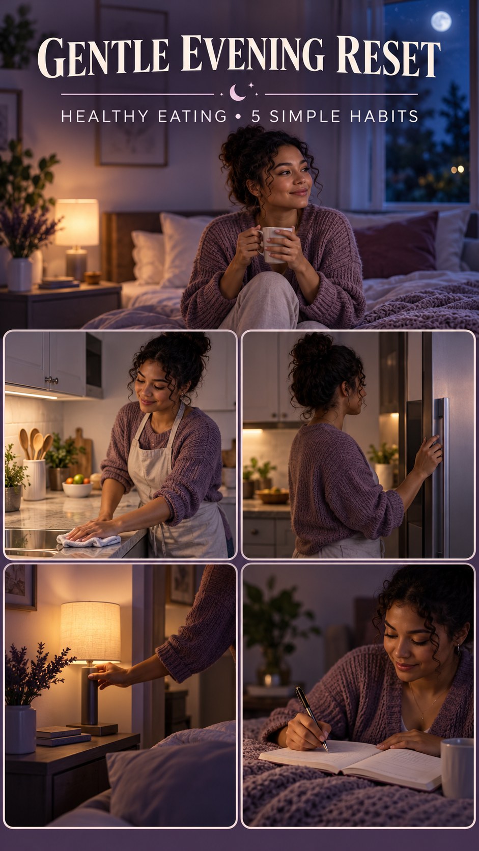 Night routine infographic for Healthy Eating showing tidy the food prep area and 5 practical evening habits.