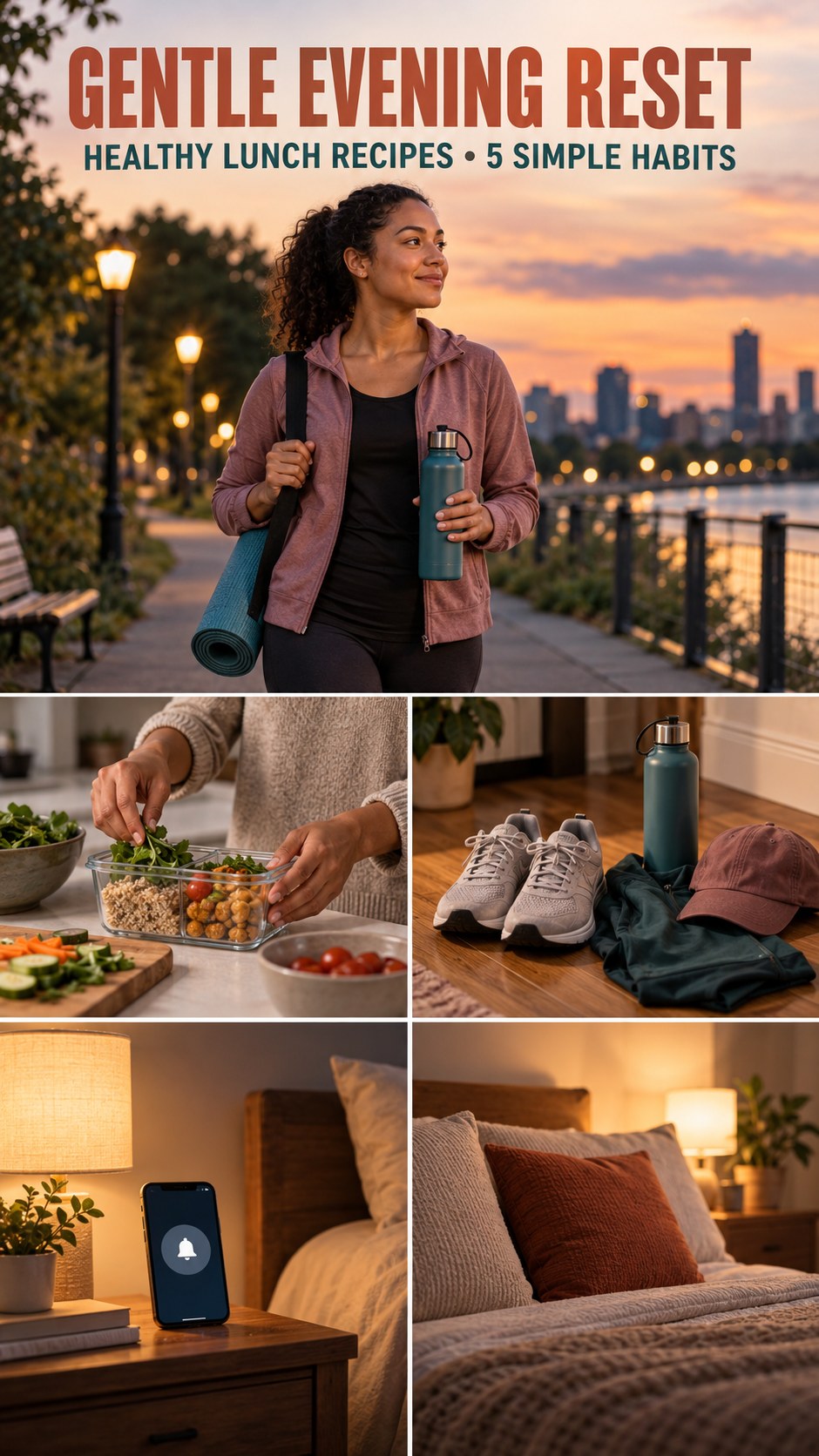 Night routine infographic for Healthy Lunch Recipes showing prepare tomorrow’s water and 5 practical evening habits.