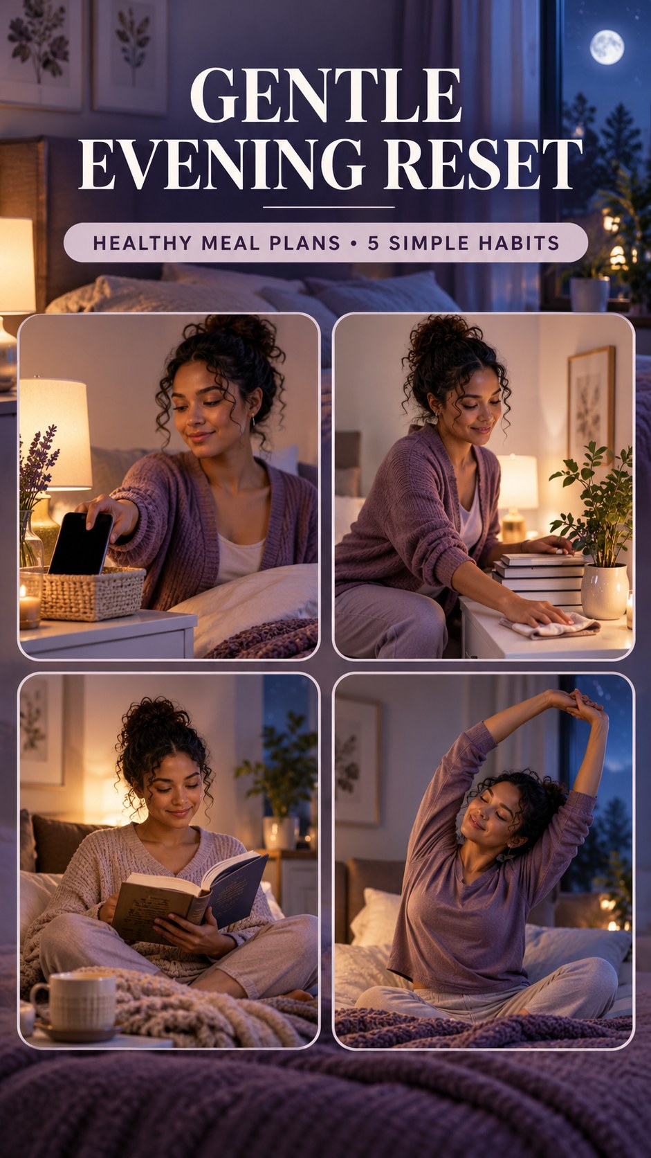 Night routine infographic for Healthy Meal Plans showing choose tomorrow’s first step and 5 practical evening habits.