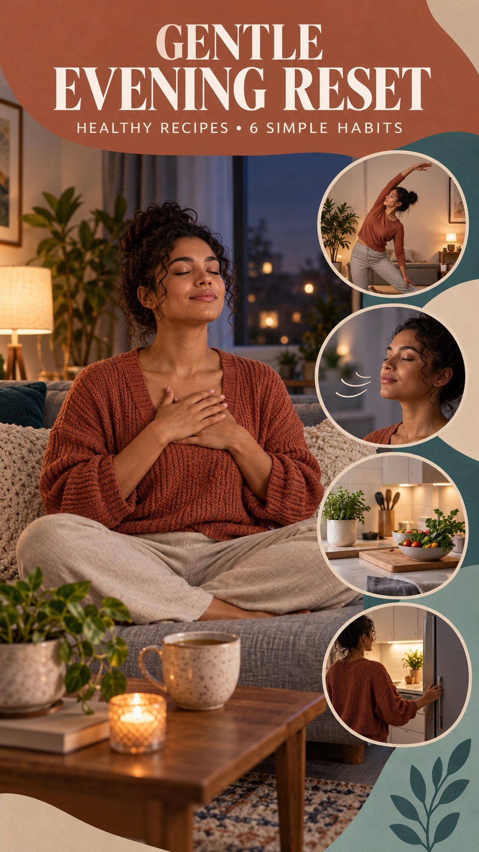 Night routine infographic for Healthy Recipes showing notice physical comfort and 6 practical evening habits.