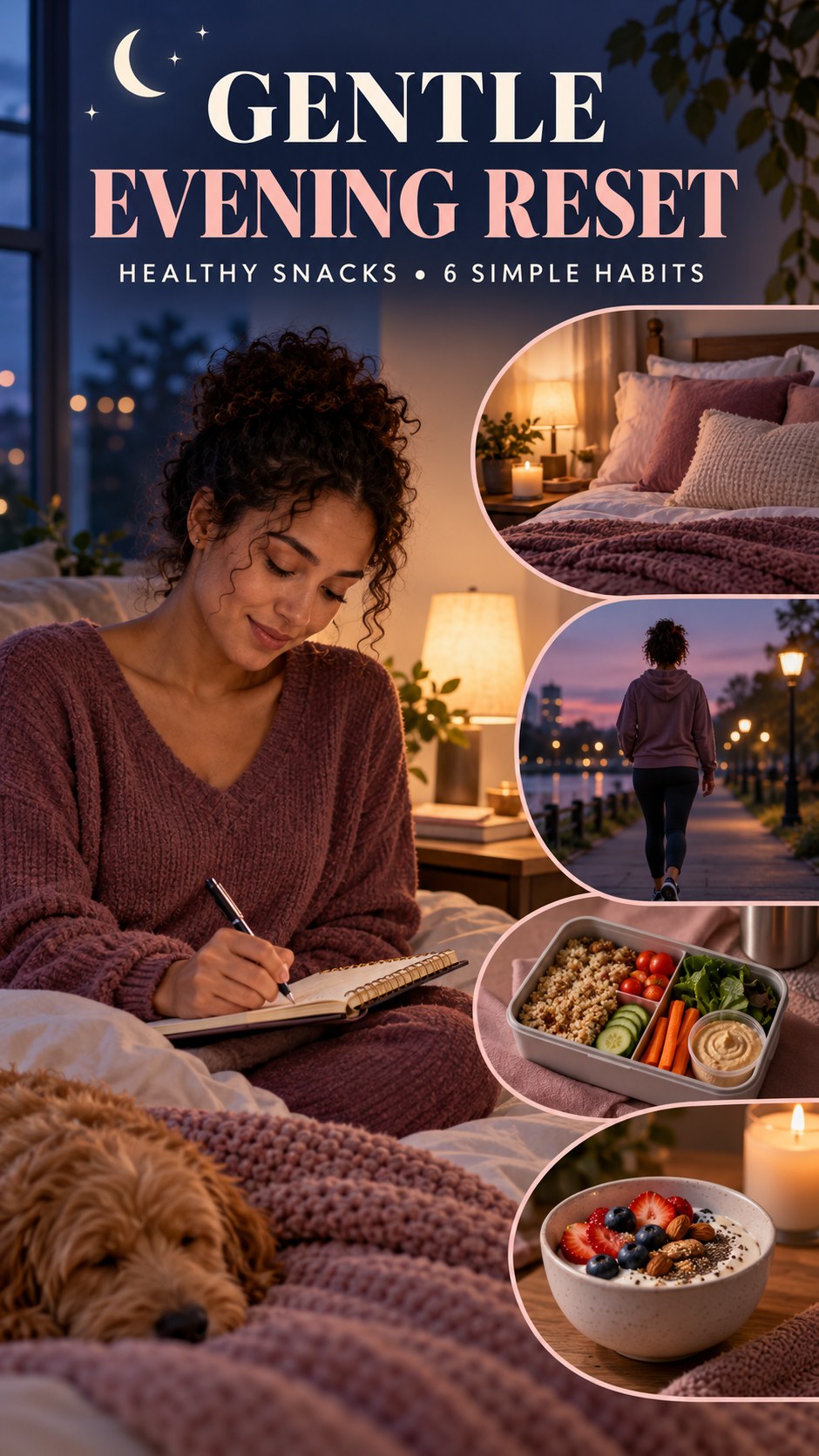 Night routine infographic for Healthy Snacks showing create a bedtime reminder and 6 practical evening habits.