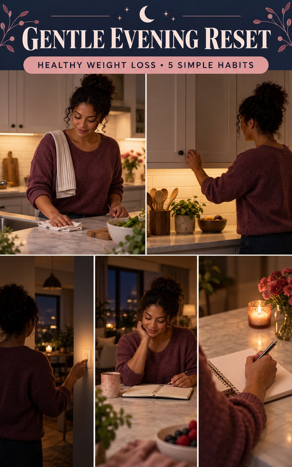 Night routine infographic for Healthy Weight Loss showing tidy the food prep area and 5 practical evening habits.
