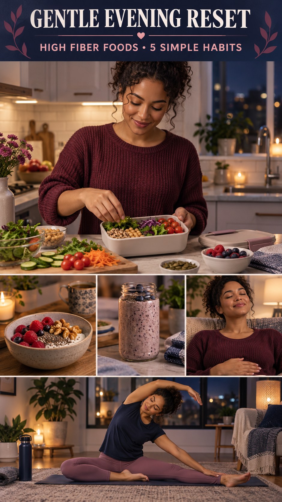 Night routine infographic for High Fiber Foods showing pack a balanced lunch cue and 5 practical evening habits.