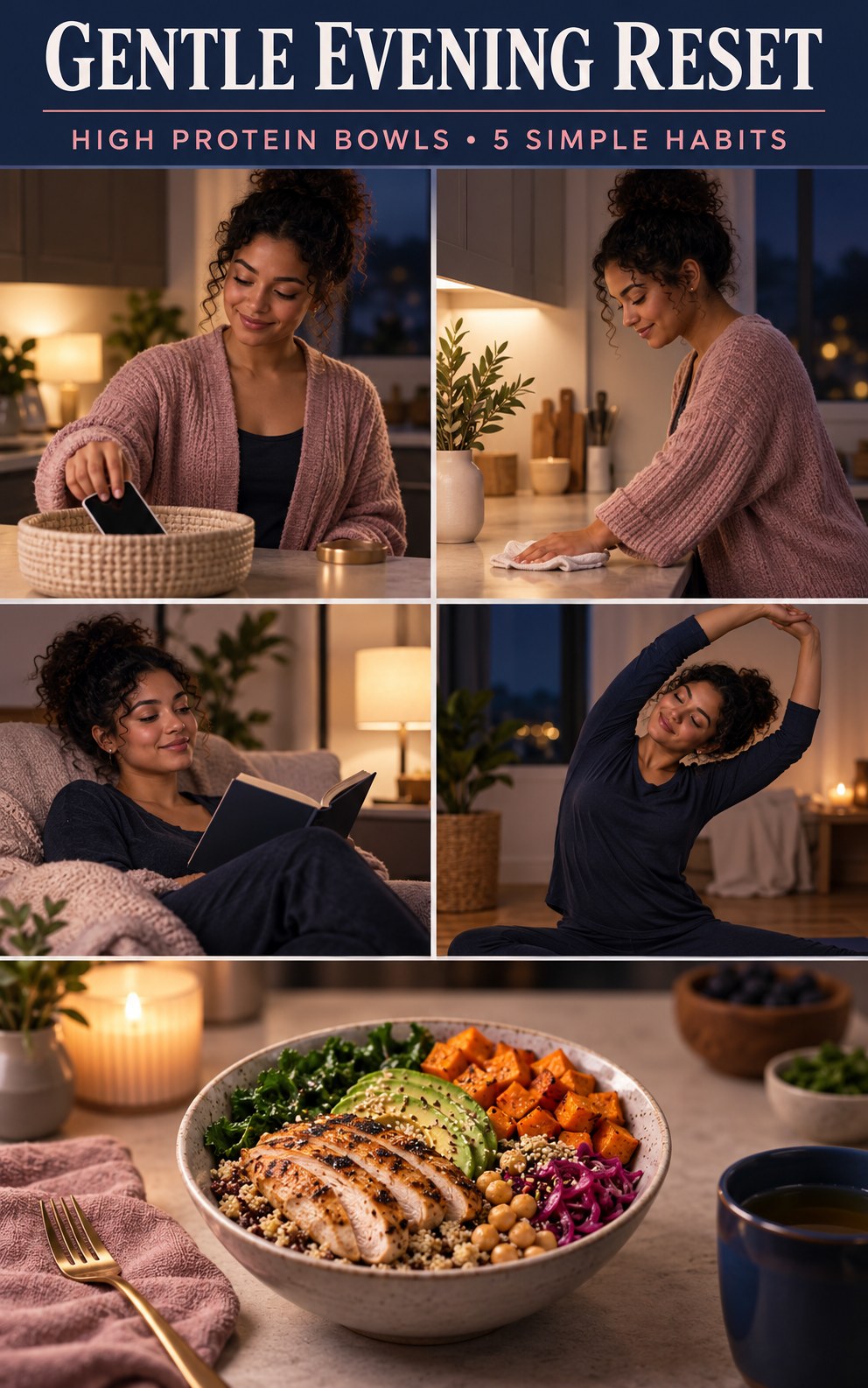 Night routine infographic for High Protein Bowls showing choose tomorrow’s first step and 5 practical evening habits.