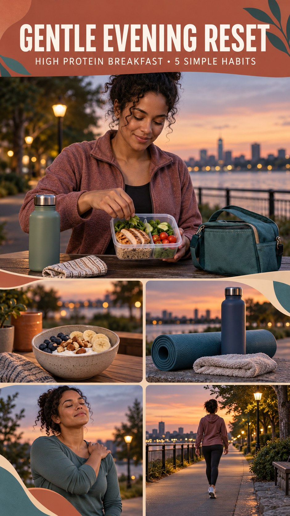 Night routine infographic for High Protein Breakfast showing pack a balanced lunch cue and 5 practical evening habits.