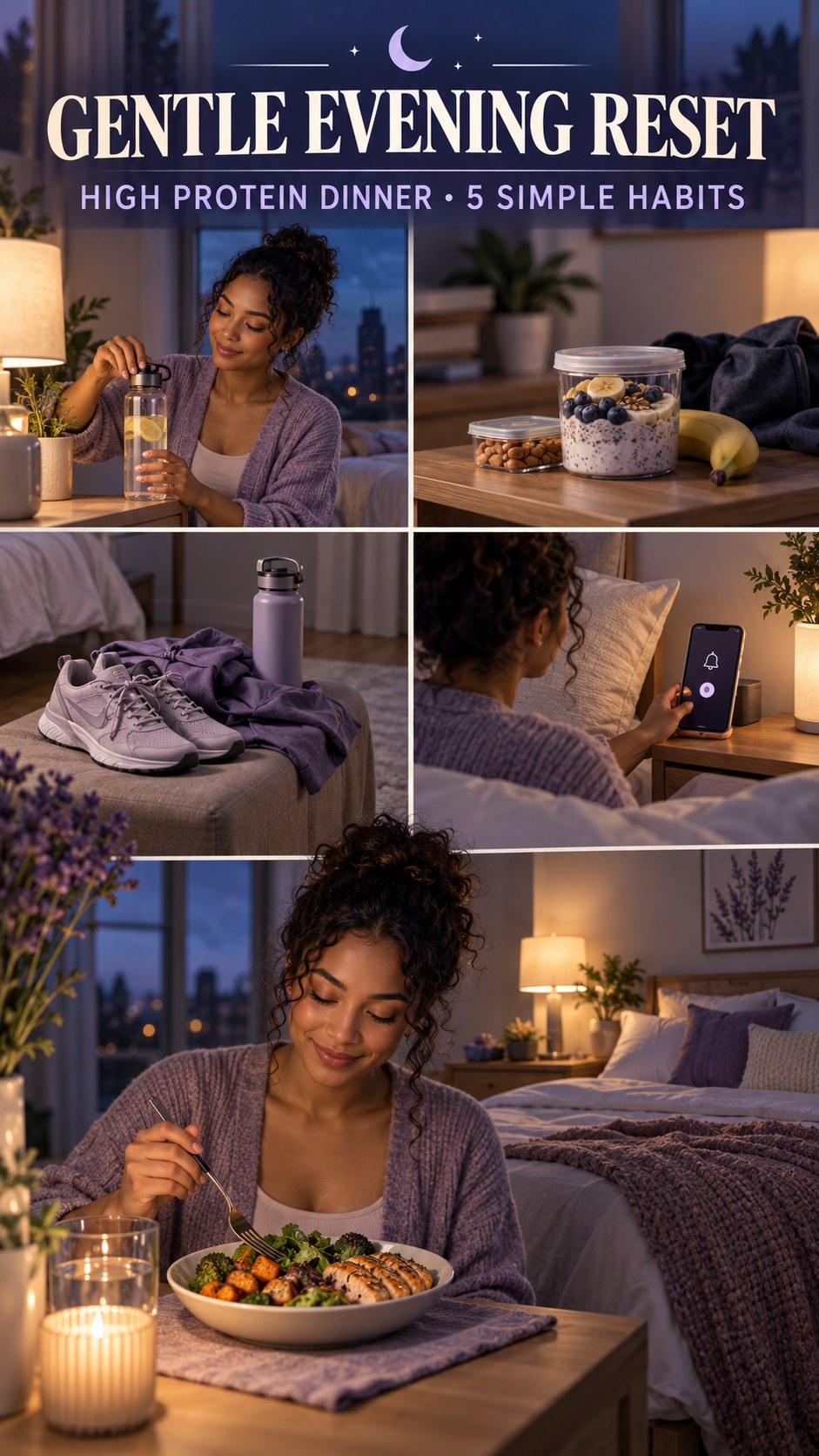 Night routine infographic for High Protein Dinner showing prepare tomorrow’s water and 5 practical evening habits.