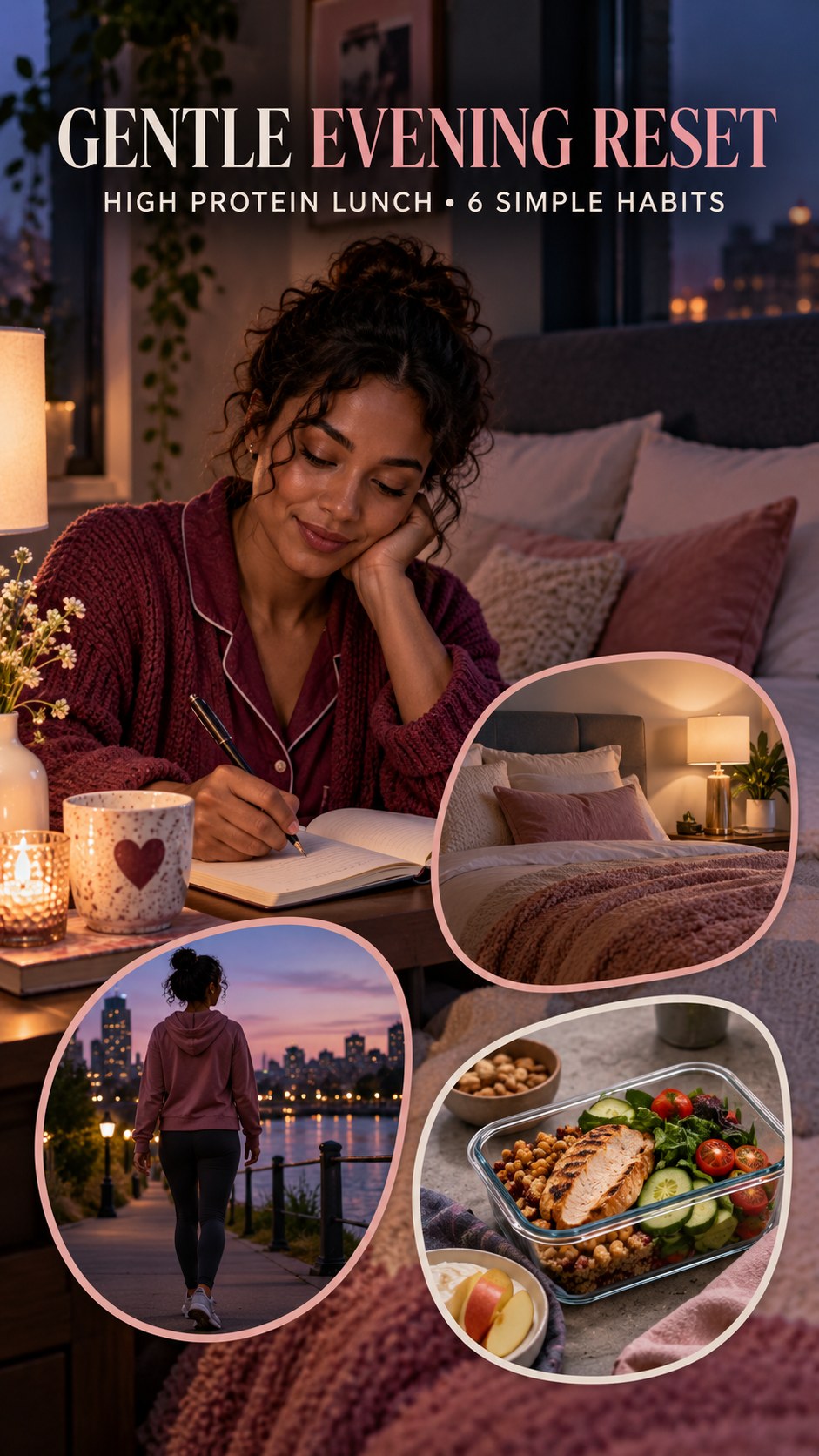 Night routine infographic for High Protein Lunch showing create a bedtime reminder and 6 practical evening habits.
