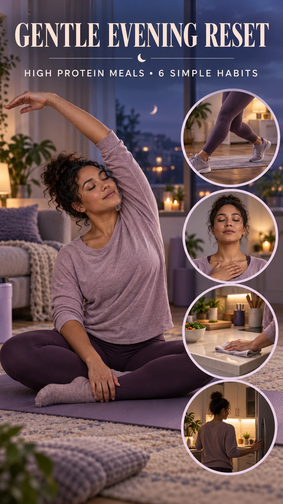 Night routine infographic for High Protein Meals showing notice physical comfort and 6 practical evening habits.