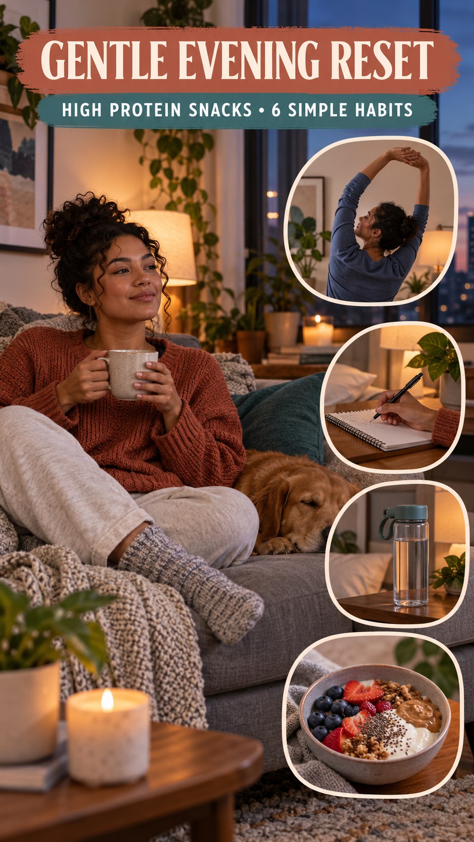 Night routine infographic for High Protein Snacks showing choose a calm activity and 6 practical evening habits.