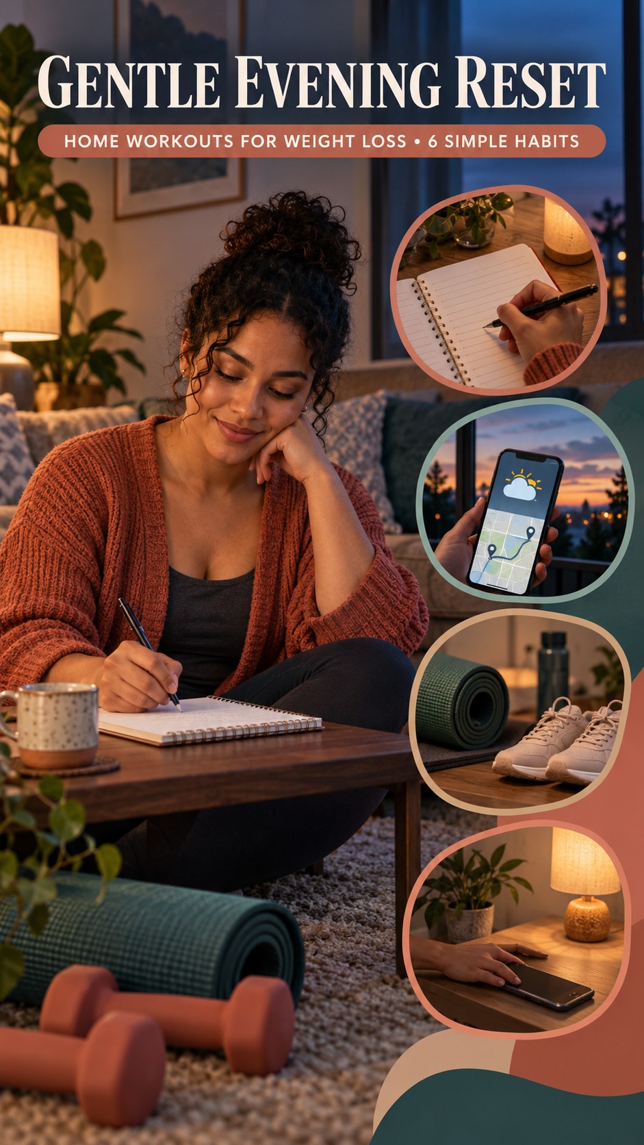 Night routine infographic for Home Workouts for Weight Loss showing review the next day and 6 practical evening habits.