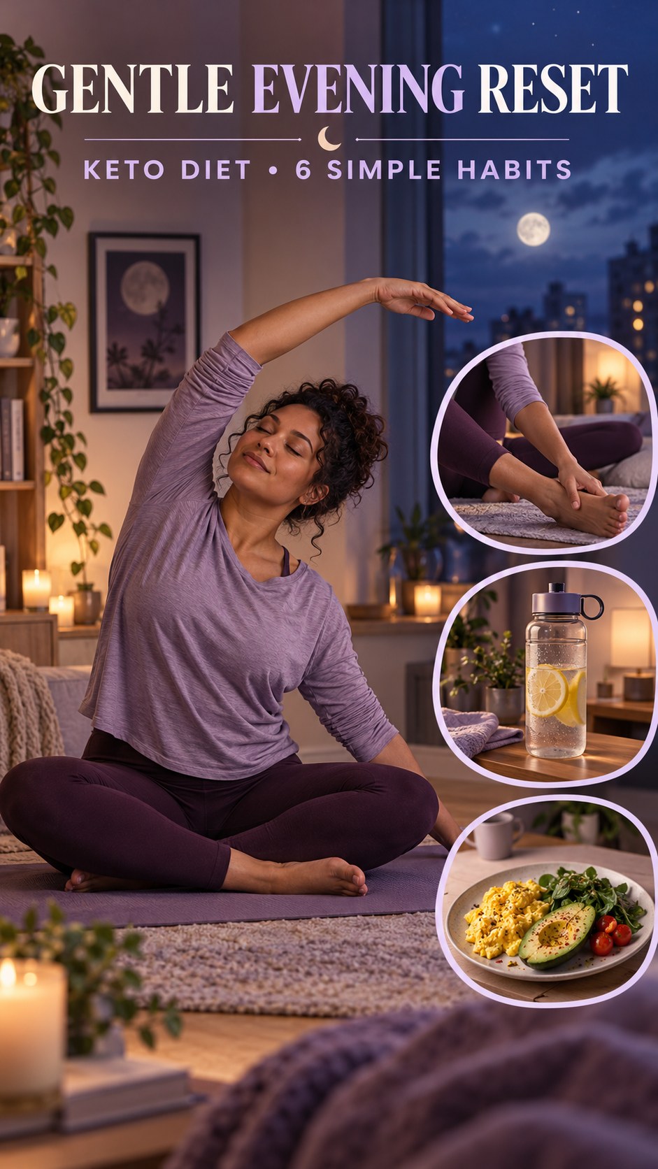 Night routine infographic for Keto Diet showing choose a calm activity and 6 practical evening habits.
