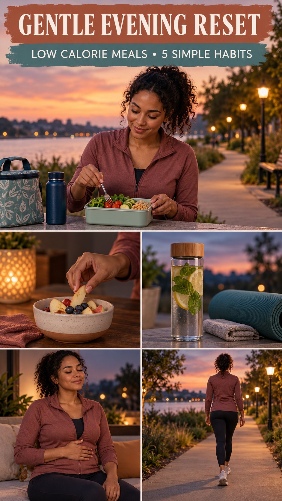 Night routine infographic for Low Calorie Meals showing pack a balanced lunch cue and 5 practical evening habits.