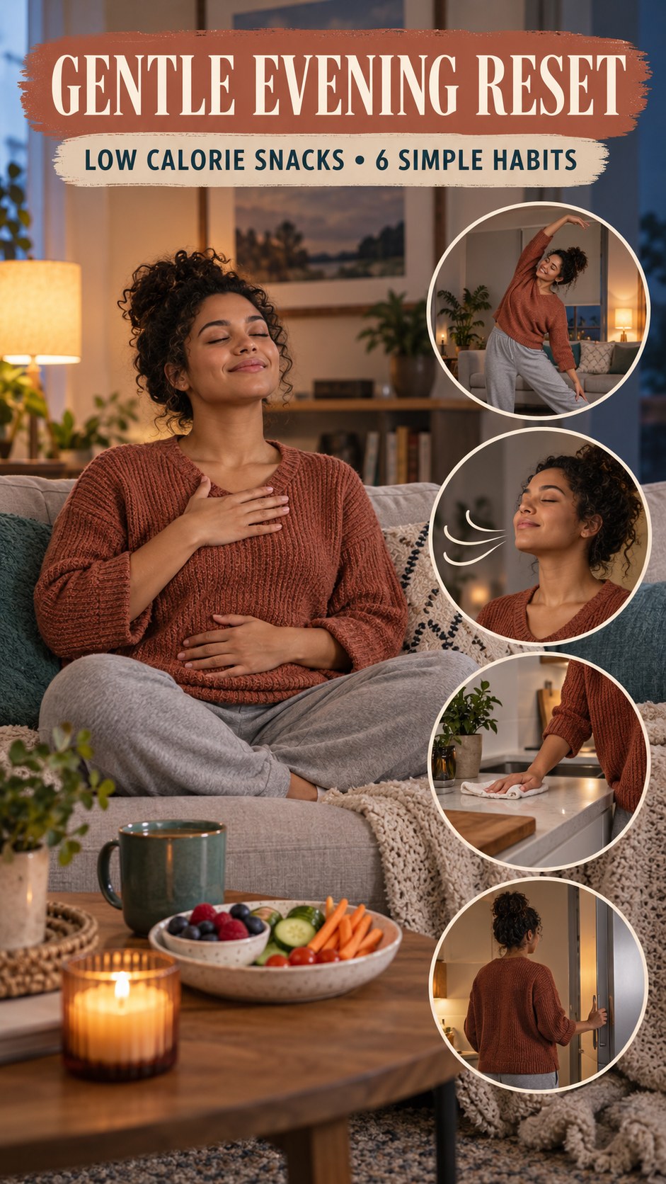 Night routine infographic for Low Calorie Snacks showing notice physical comfort and 6 practical evening habits.