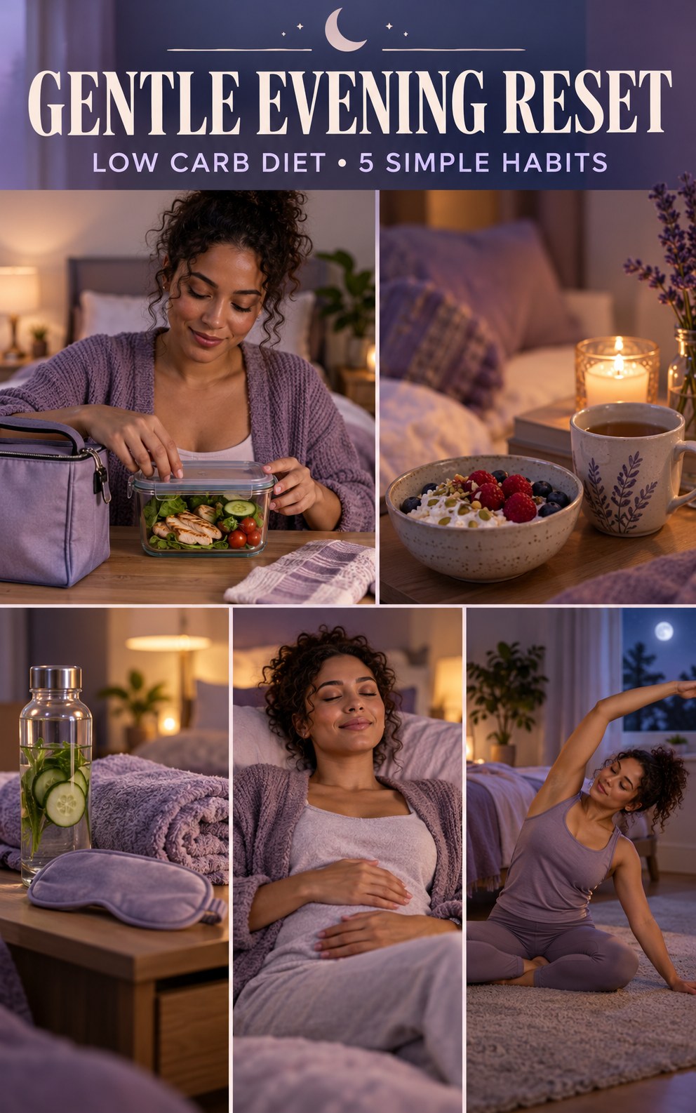 Night routine infographic for Low Carb Diet showing pack a balanced lunch cue and 5 practical evening habits.