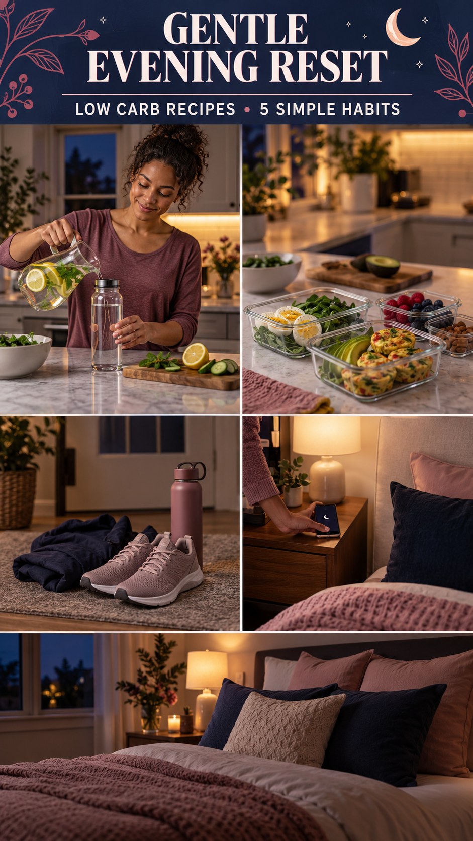 Night routine infographic for Low Carb Recipes showing prepare tomorrow’s water and 5 practical evening habits.
