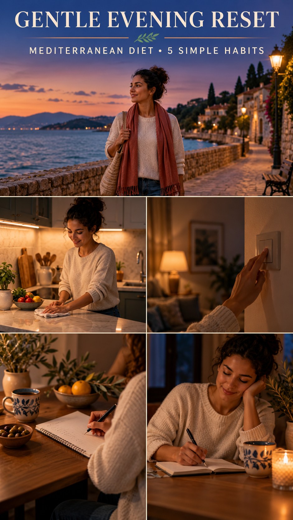 Night routine infographic for Mediterranean Diet showing tidy the food prep area and 5 practical evening habits.