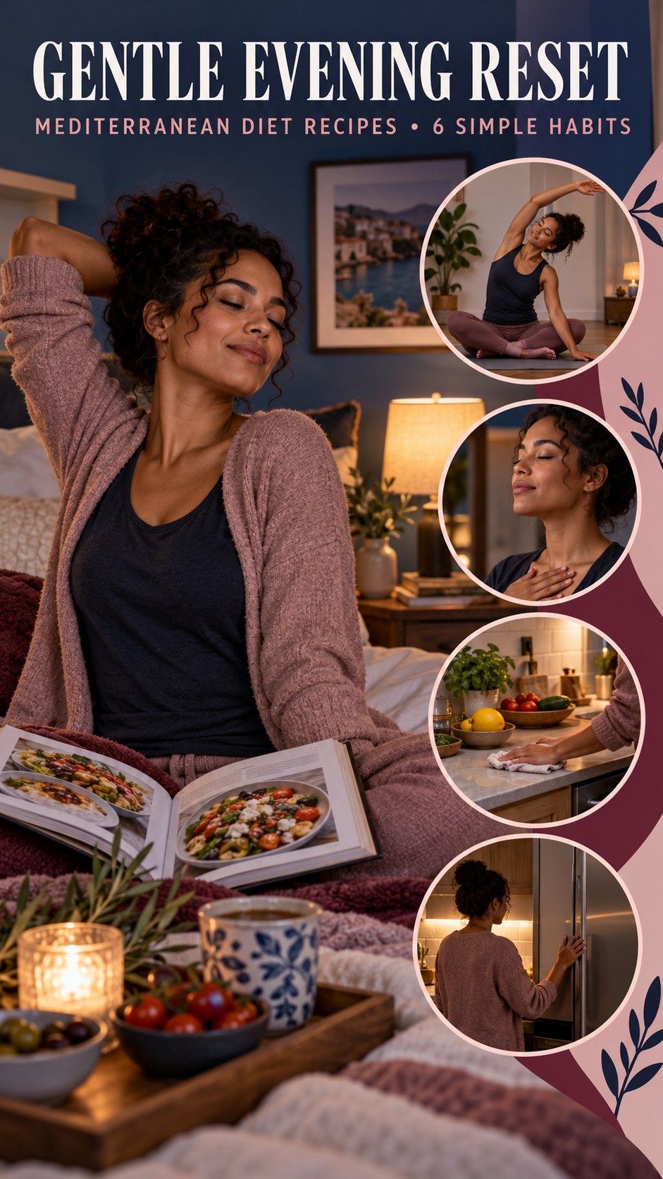 Night routine infographic for Mediterranean Diet Recipes showing notice physical comfort and 6 practical evening habits.