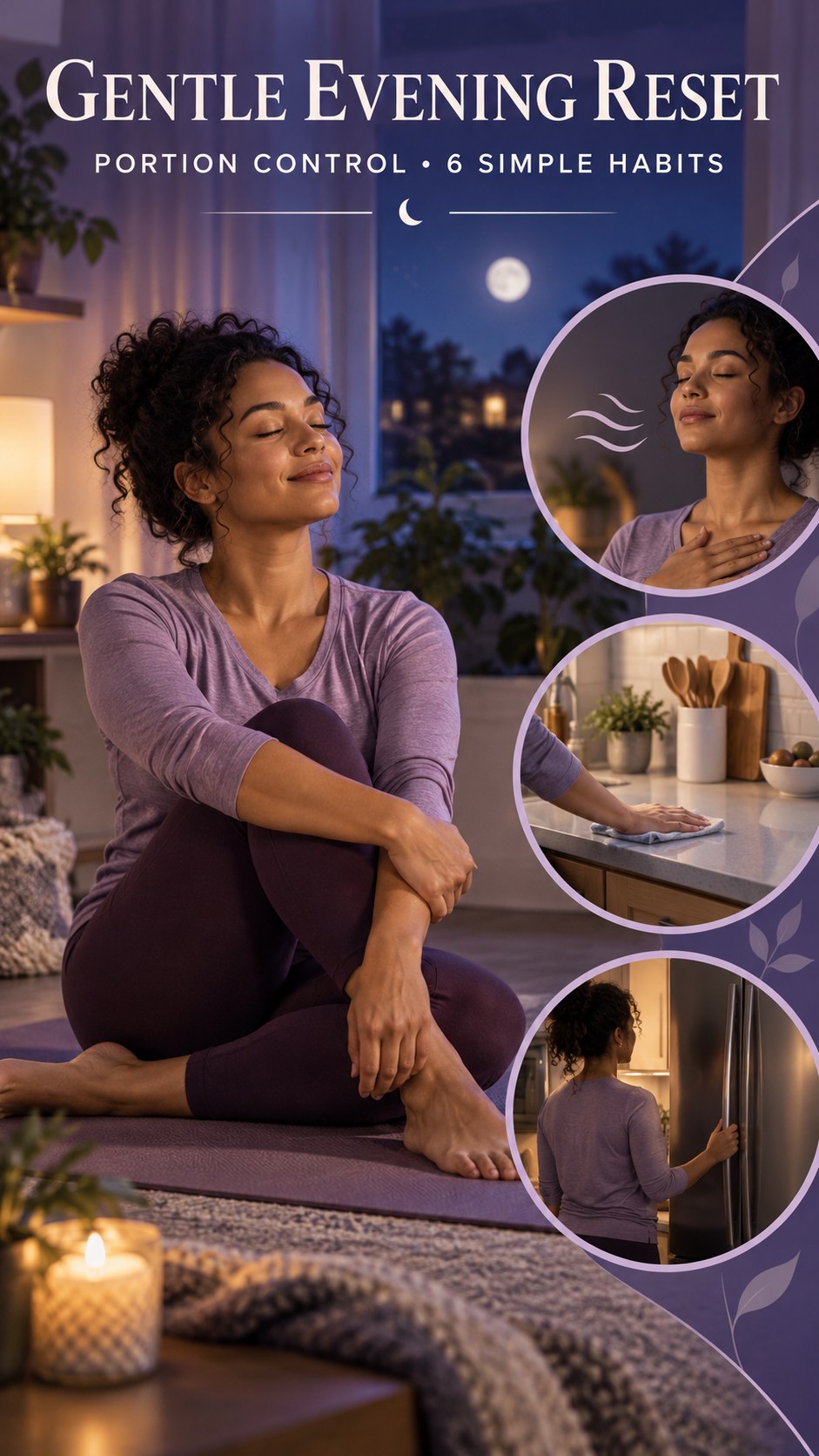 Night routine infographic for Portion Control showing notice physical comfort and 6 practical evening habits.