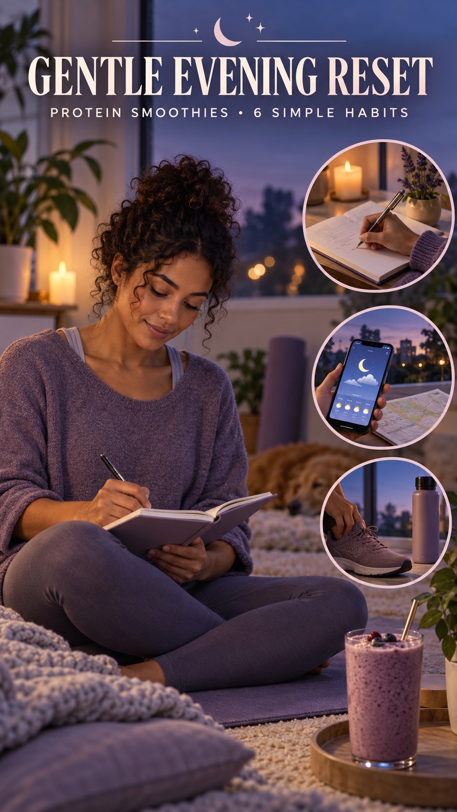 Night routine infographic for Protein Smoothies showing review the next day and 6 practical evening habits.