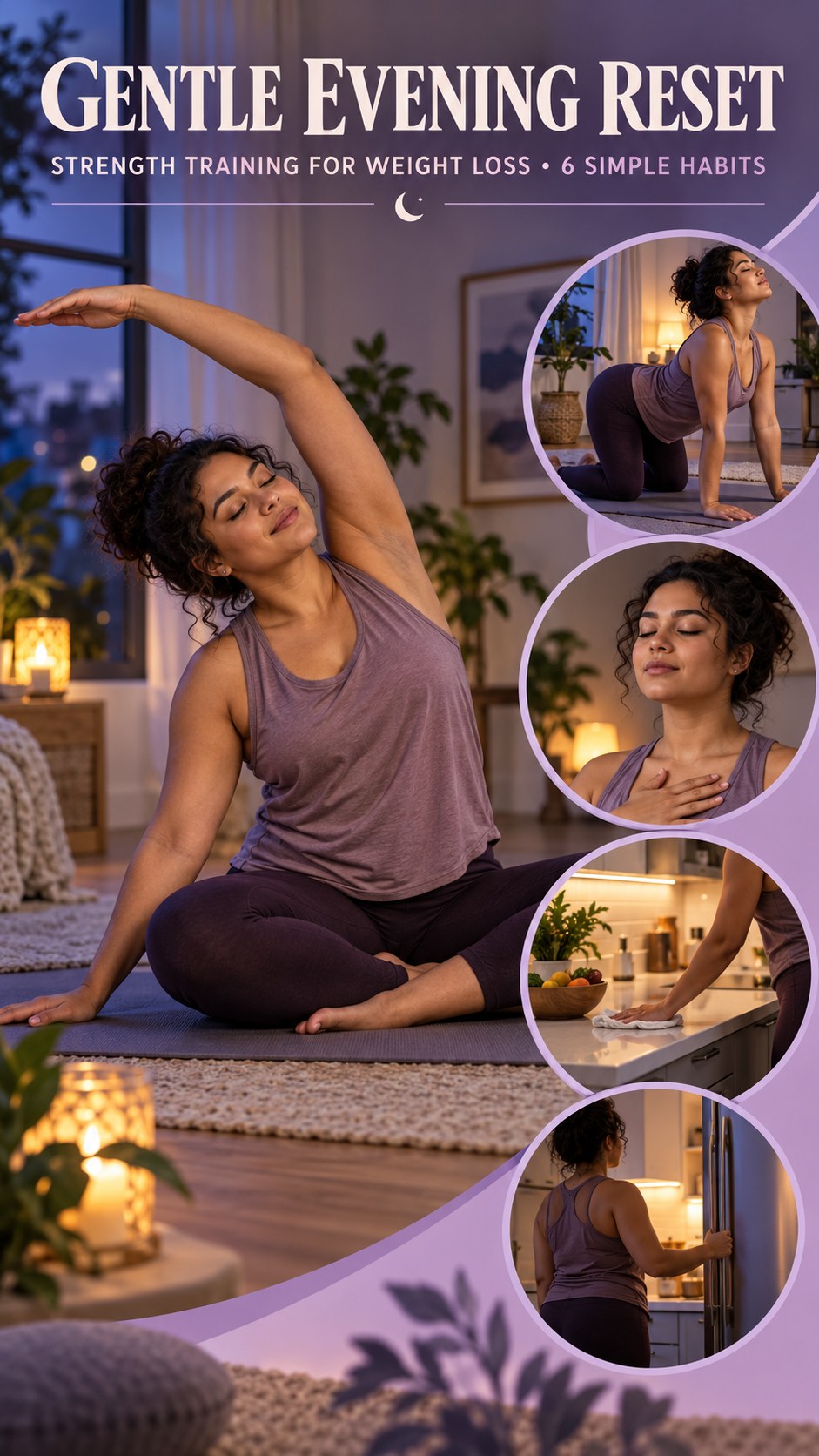 Night routine infographic for Strength Training for Weight Loss showing notice physical comfort and 6 practical evening habits.