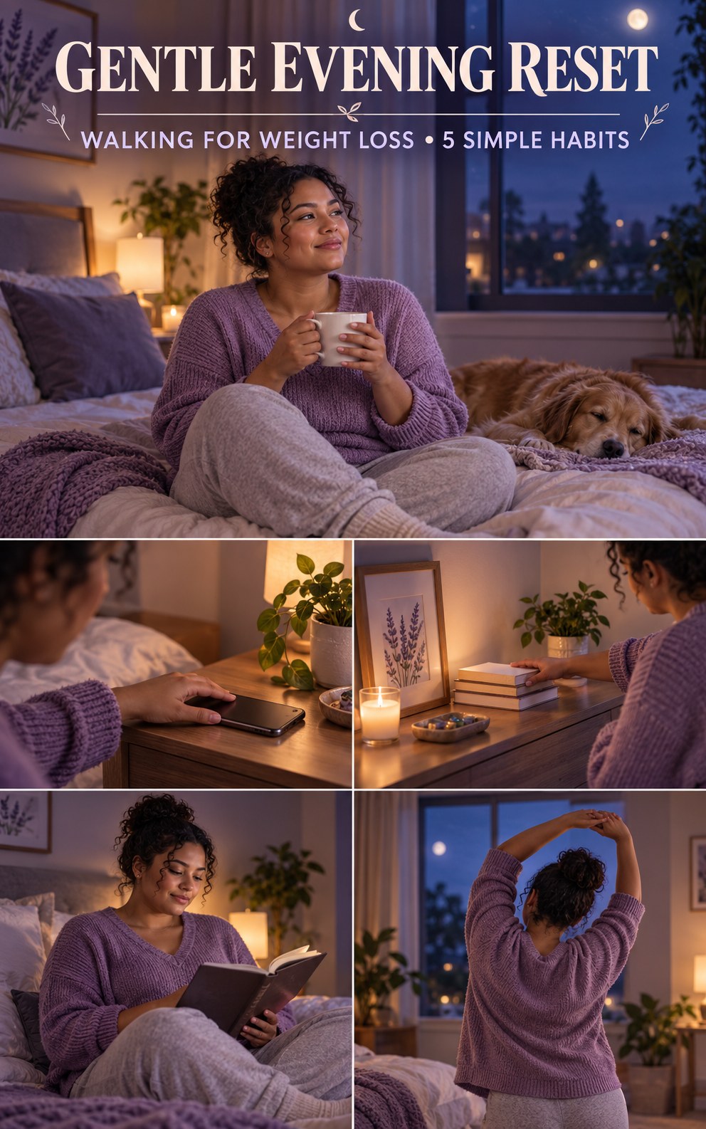 Night routine infographic for Walking for Weight Loss showing choose tomorrow’s first step and 5 practical evening habits.