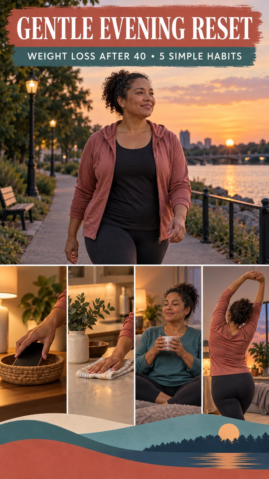 Night routine infographic for Weight Loss After 40 showing choose tomorrow’s first step and 5 practical evening habits.