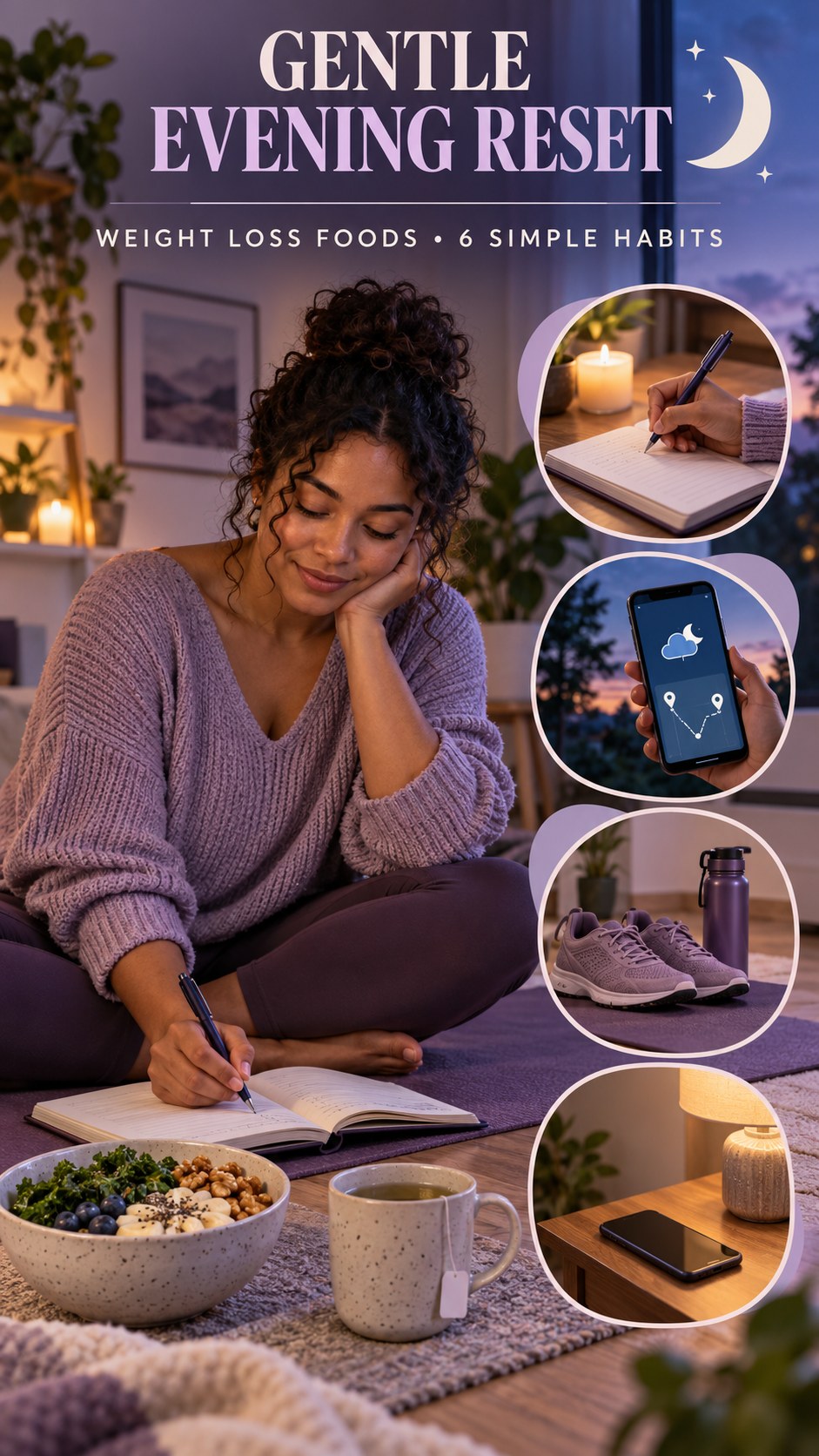 Night routine infographic for Weight Loss Foods showing review the next day and 6 practical evening habits.