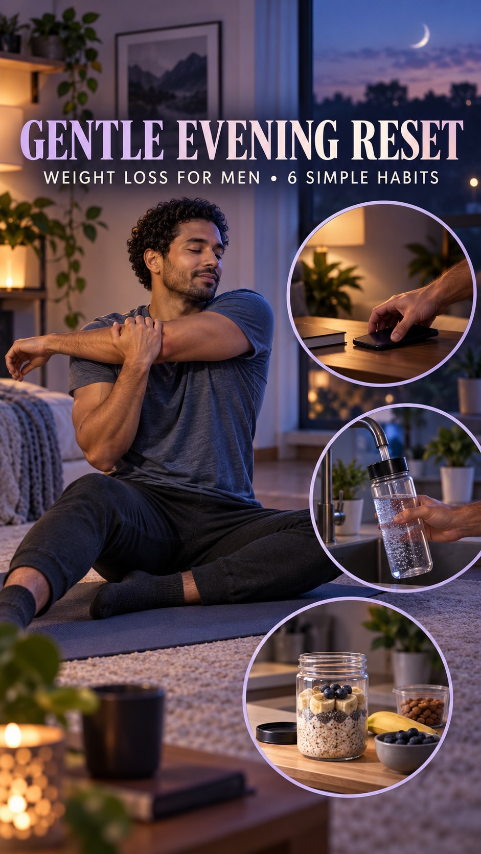 Night routine infographic for Weight Loss for Men showing choose a calm activity and 6 practical evening habits.