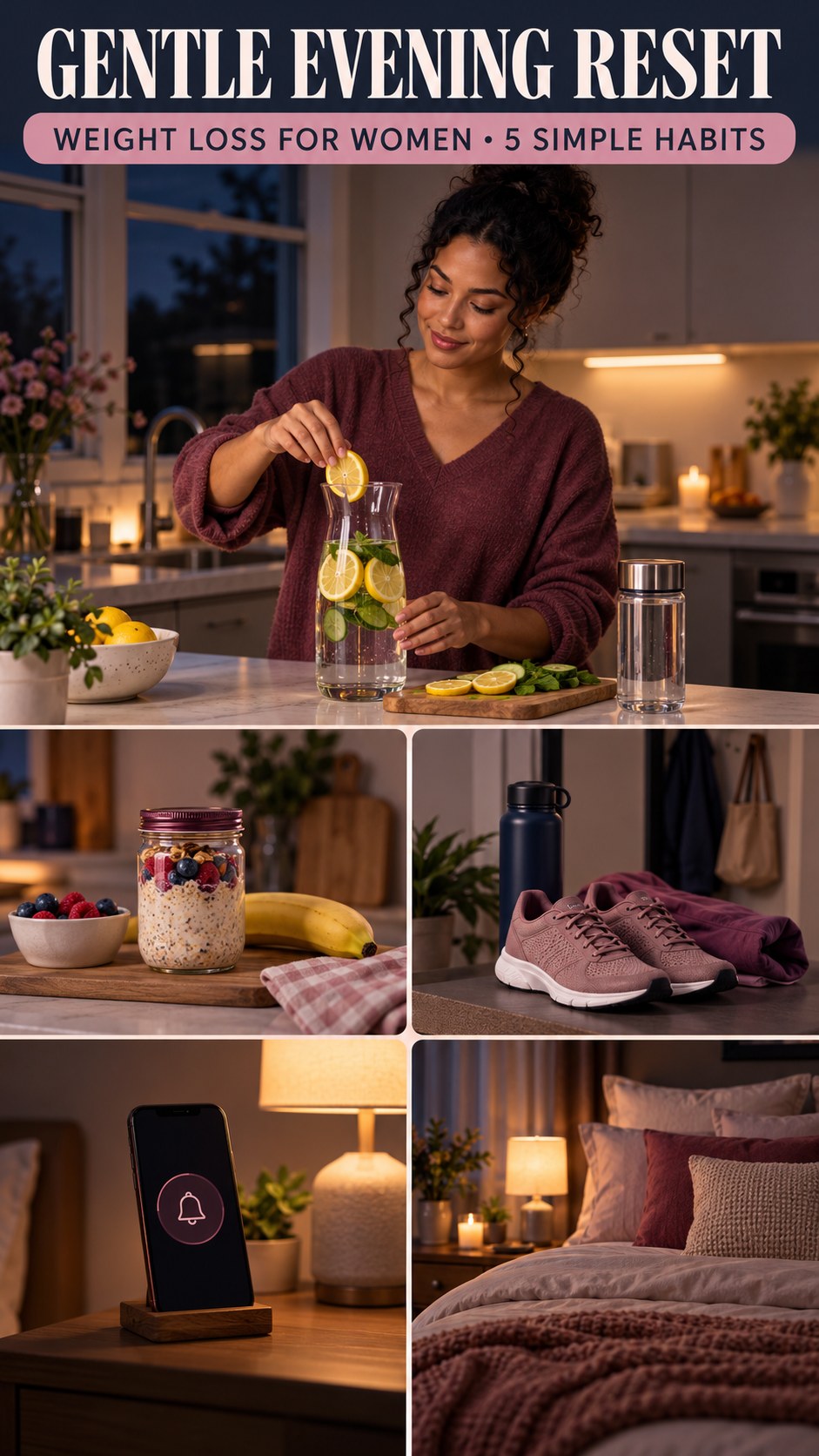 Night routine infographic for Weight Loss for Women showing prepare tomorrow’s water and 5 practical evening habits.