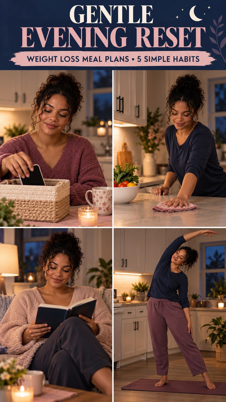 Night routine infographic for Weight Loss Meal Plans showing choose tomorrow’s first step and 5 practical evening habits.