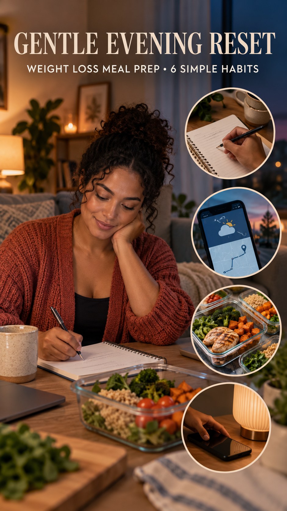 Night routine infographic for Weight Loss Meal Prep showing review the next day and 6 practical evening habits.