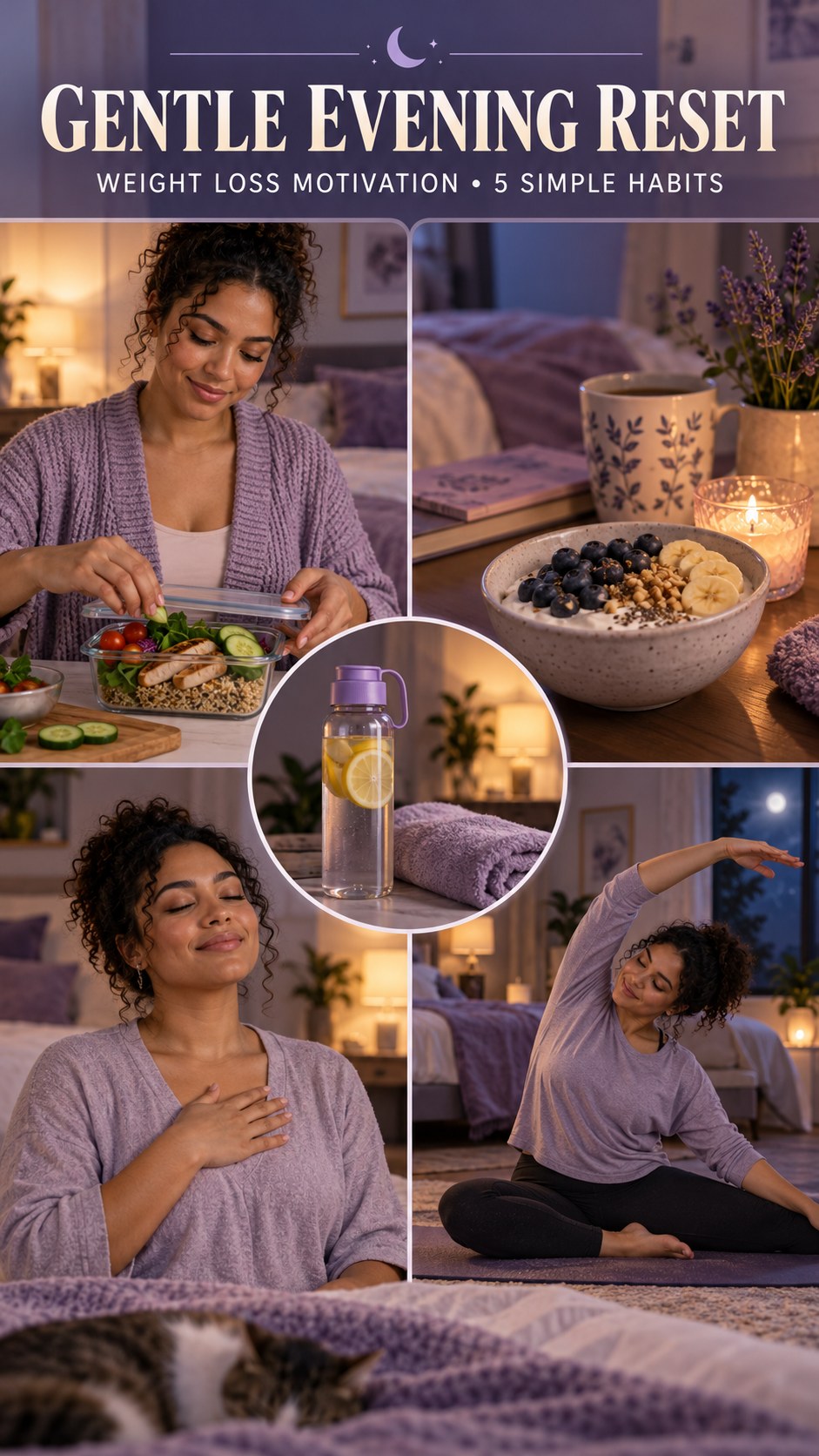 Night routine infographic for Weight Loss Motivation showing pack a balanced lunch cue and 5 practical evening habits.