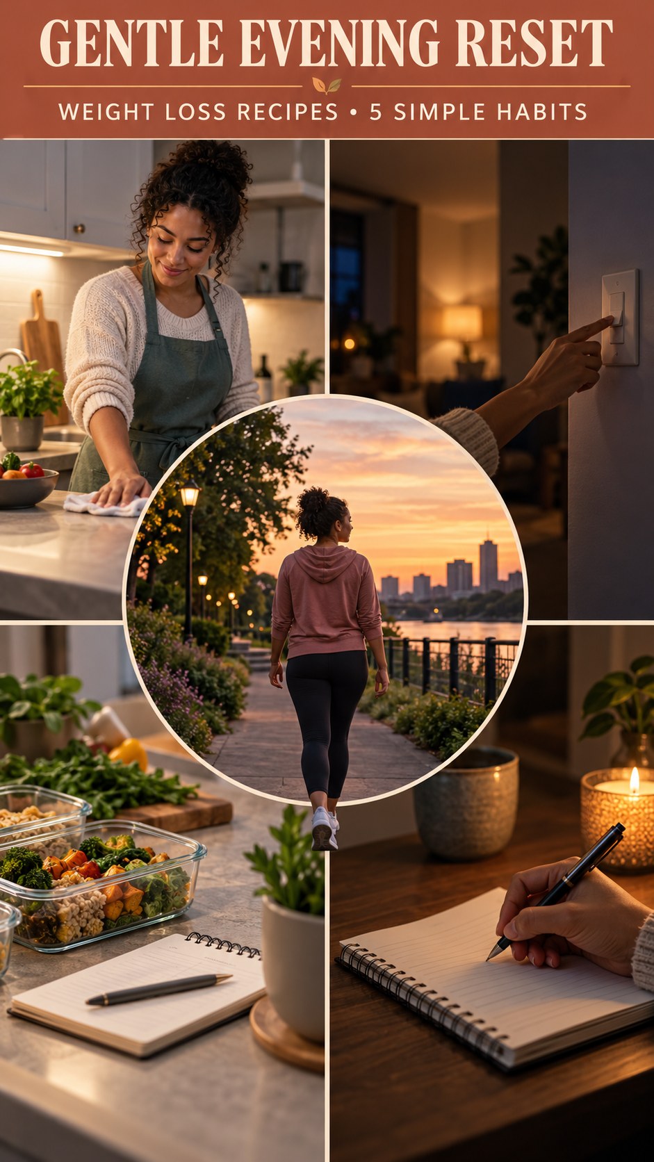 Night routine infographic for Weight Loss Recipes showing tidy the food prep area and 5 practical evening habits.