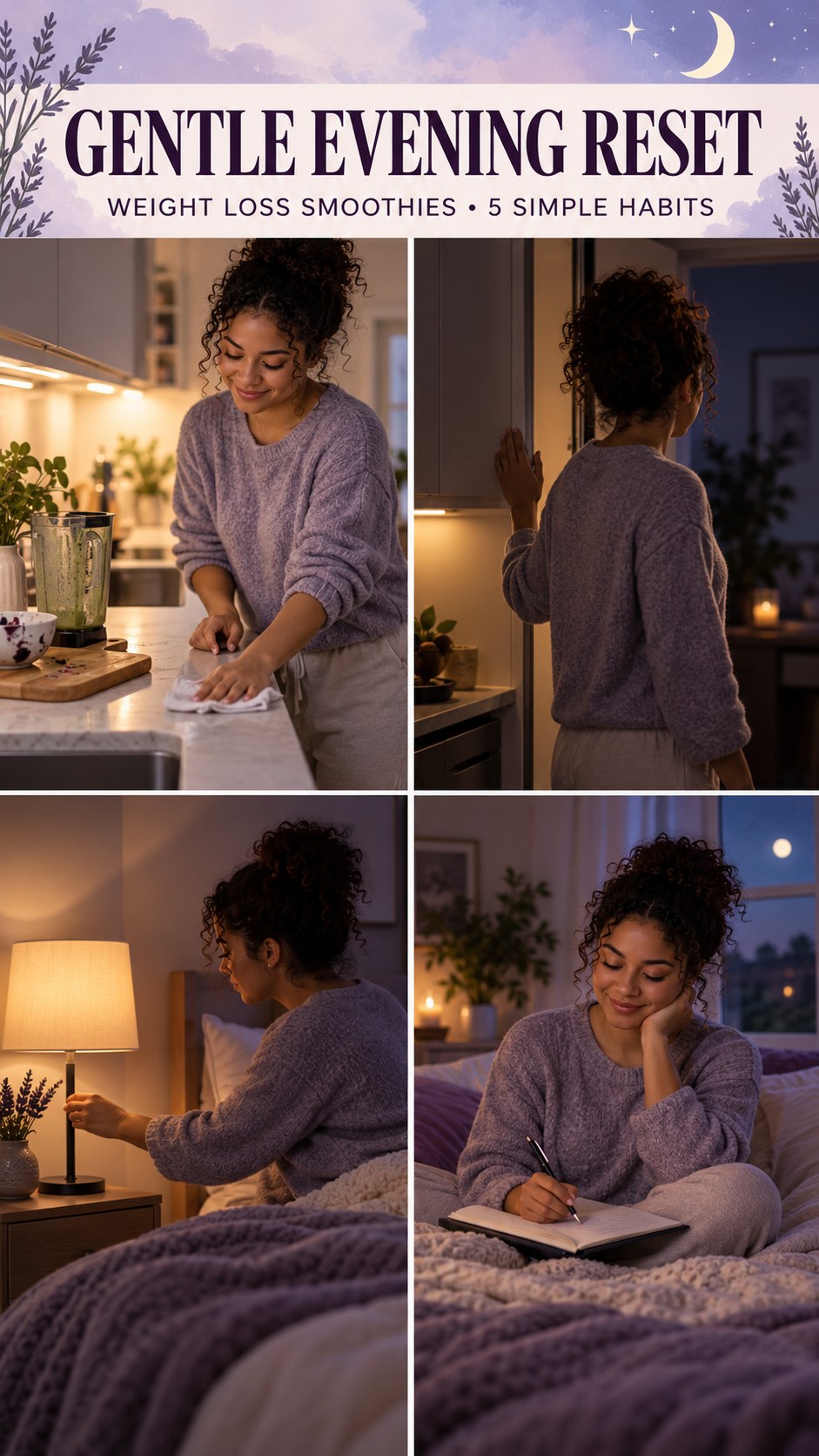 Night routine infographic for Weight Loss Smoothies showing tidy the food prep area and 5 practical evening habits.