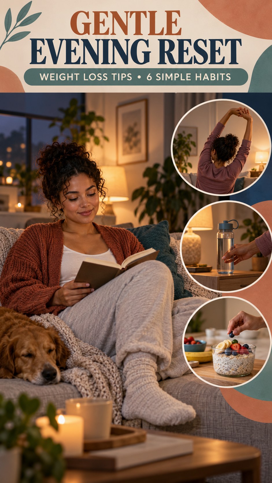 Night routine infographic for Weight Loss Tips showing choose a calm activity and 6 practical evening habits.