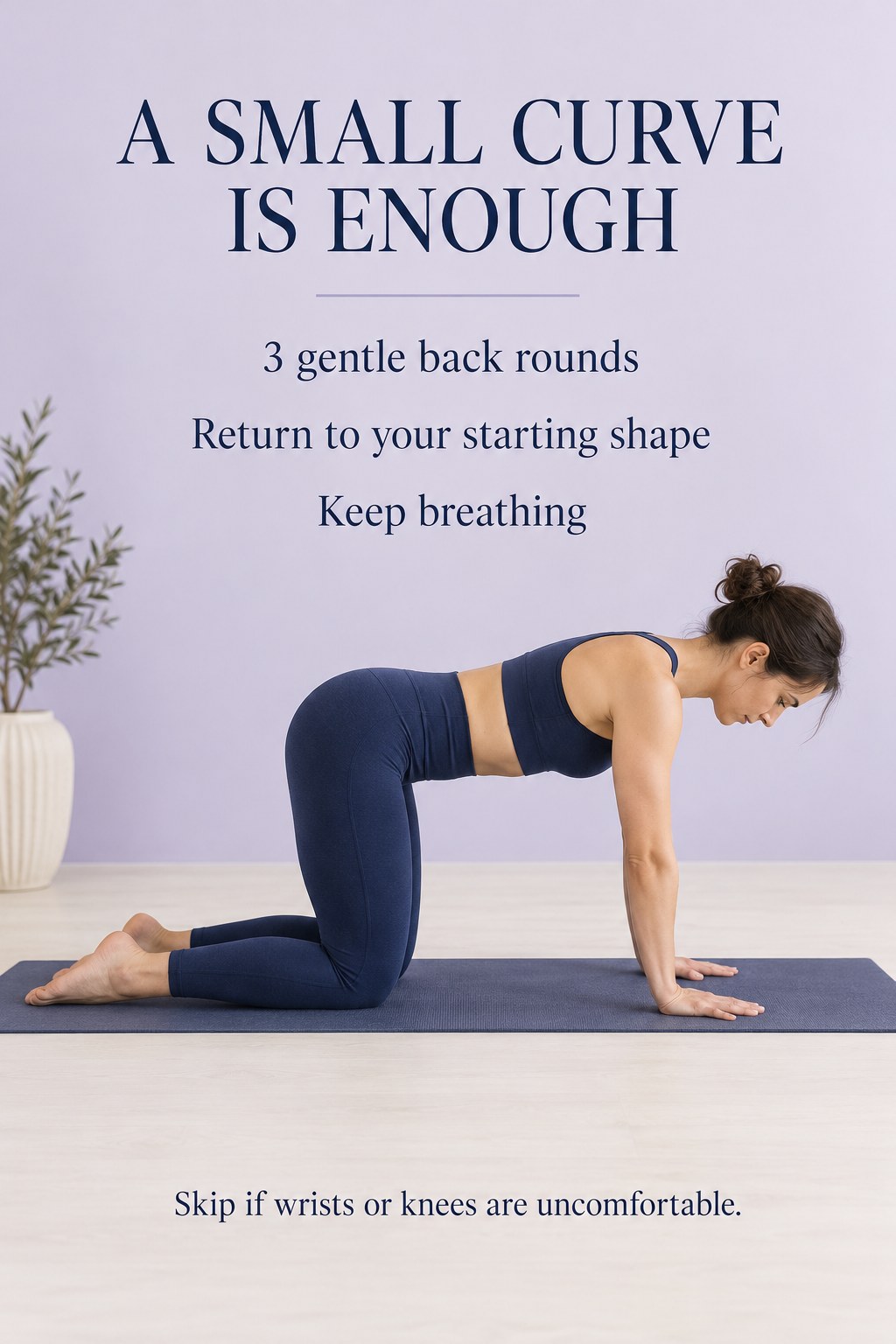 Adult on hands and knees on a Pilates mat with the back in a comfortable level starting position.