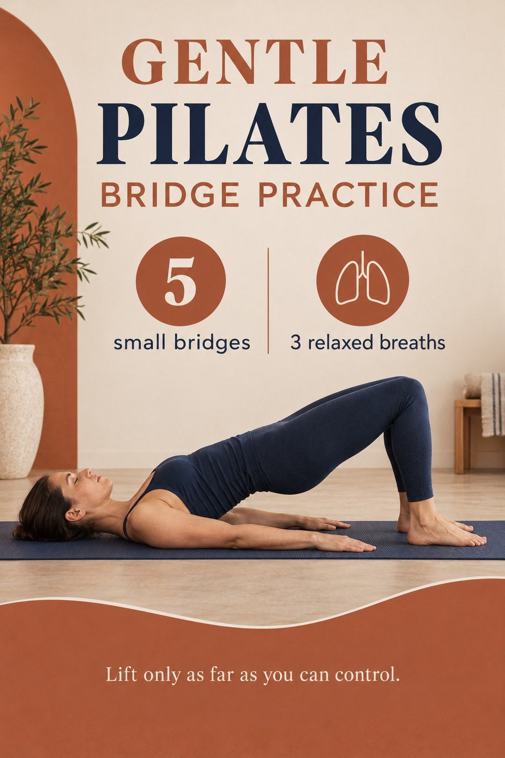 Adult demonstrates a low Pilates bridge on a mat with shoulders grounded and knees bent.