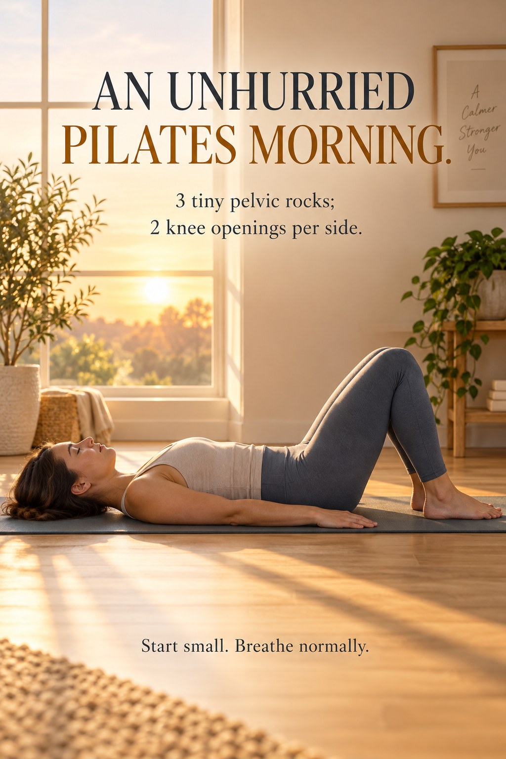 Adult resting on a mat in soft morning light with bent knees, grounded feet, and relaxed arms.