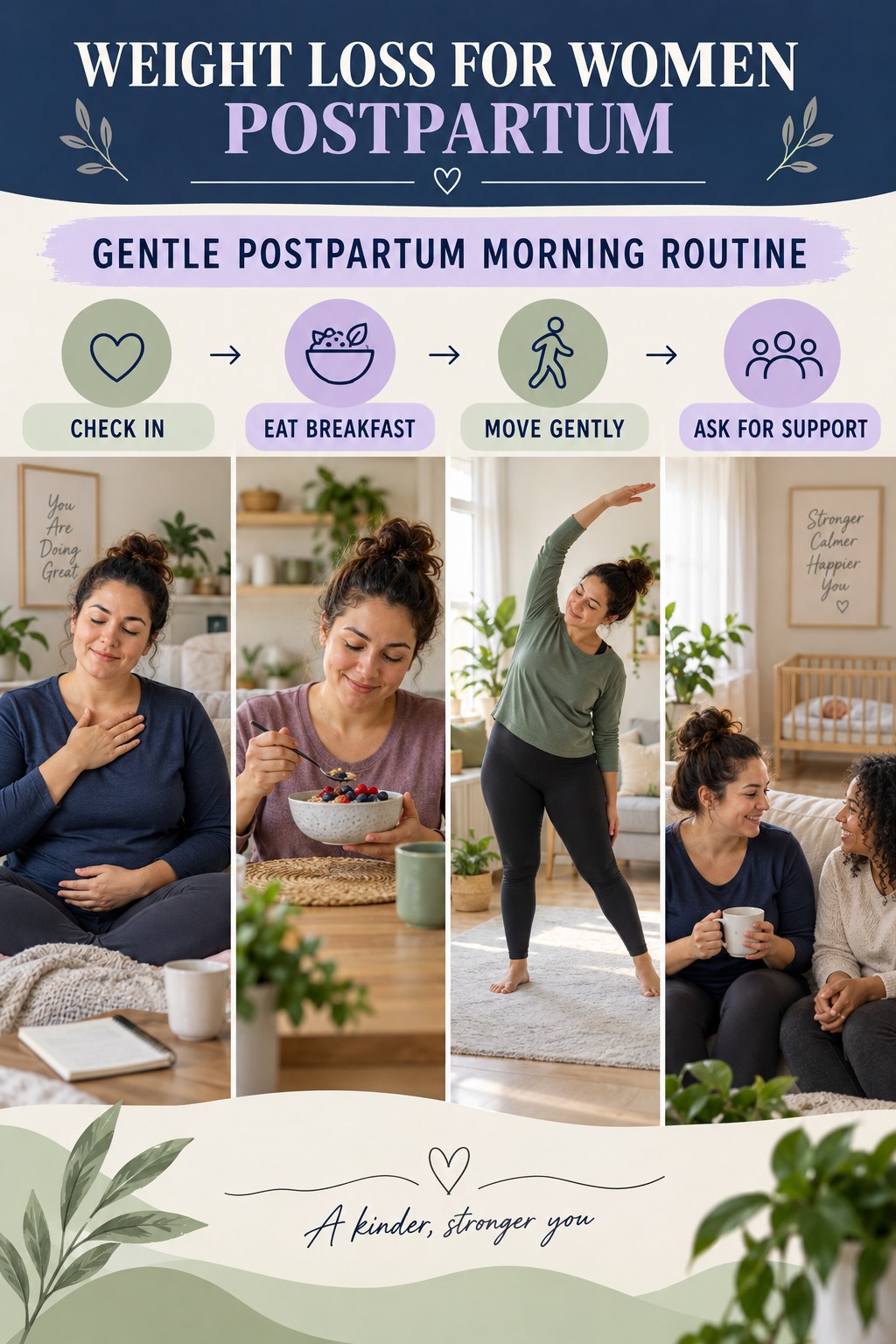 Weight Loss for Women postpartum graphic titled Gentle Postpartum Morning Routine with four gradual recovery-aware prompts.