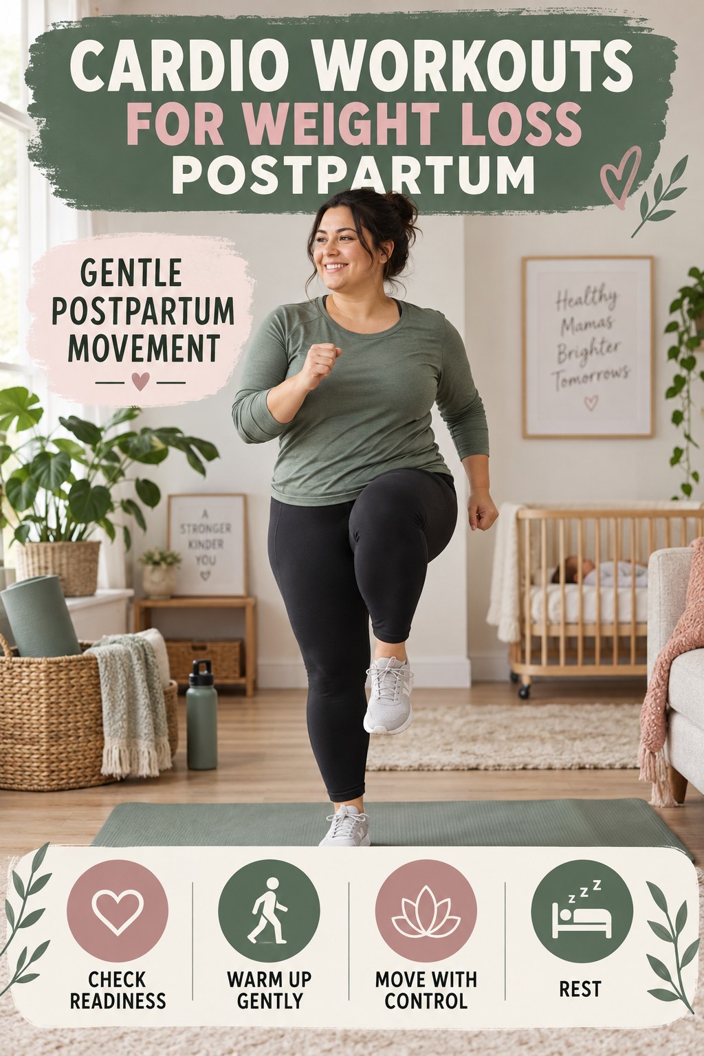 Cardio Workouts for Weight Loss postpartum graphic titled Gentle Postpartum Movement with four gradual recovery-aware prompts.