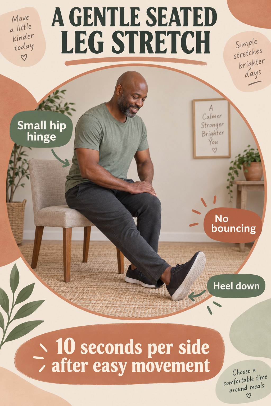 A seated man extends one heel onto the floor and hinges slightly forward with heel-down and no-bouncing callouts.