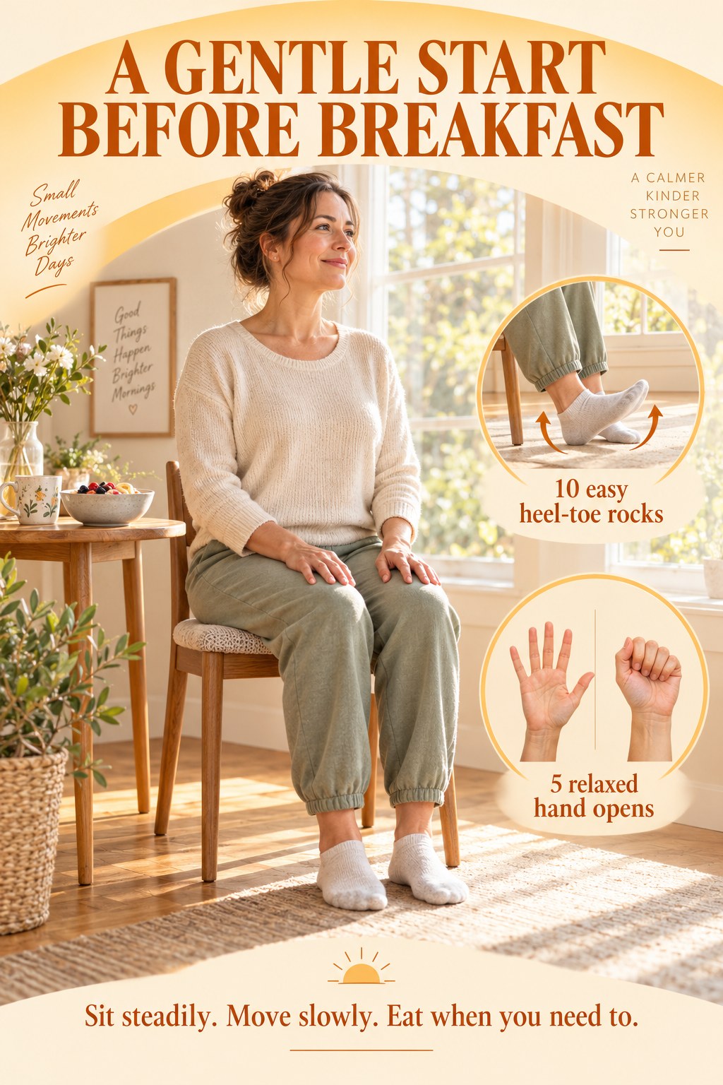 Morning seated movement infographic shows heel-toe rocks and relaxed hand opening beside a breakfast bowl.