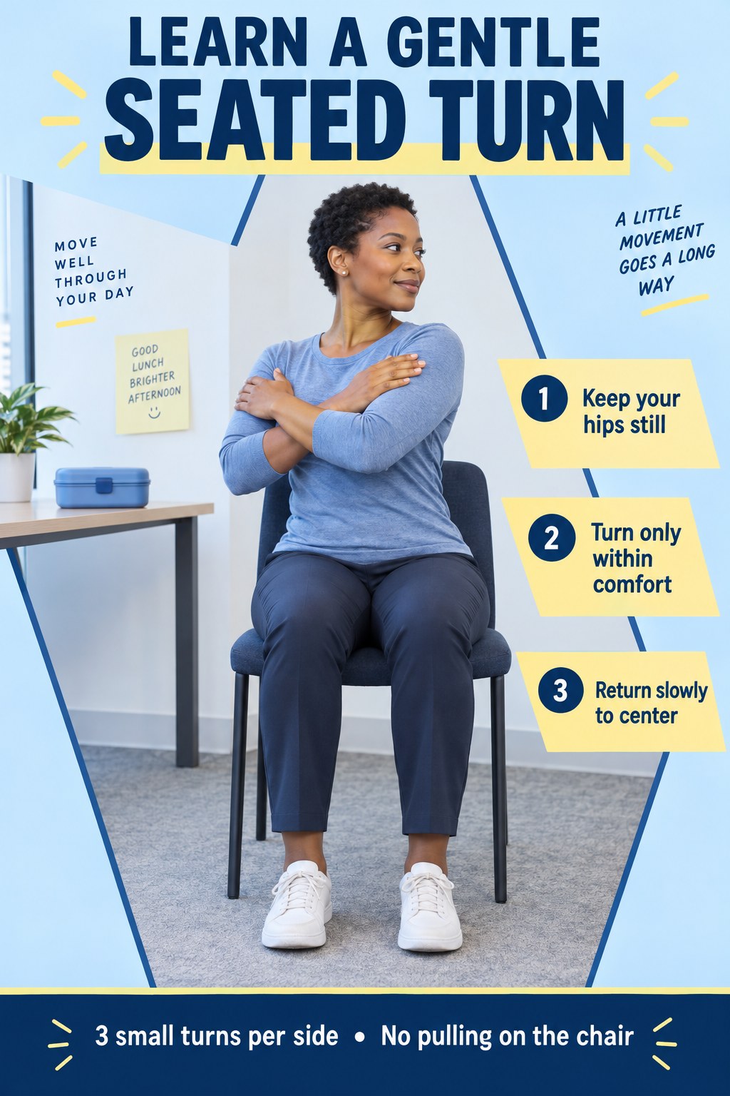 A seated woman gently turns her upper body with callouts for steady hips, a comfortable range, and a slow return.
