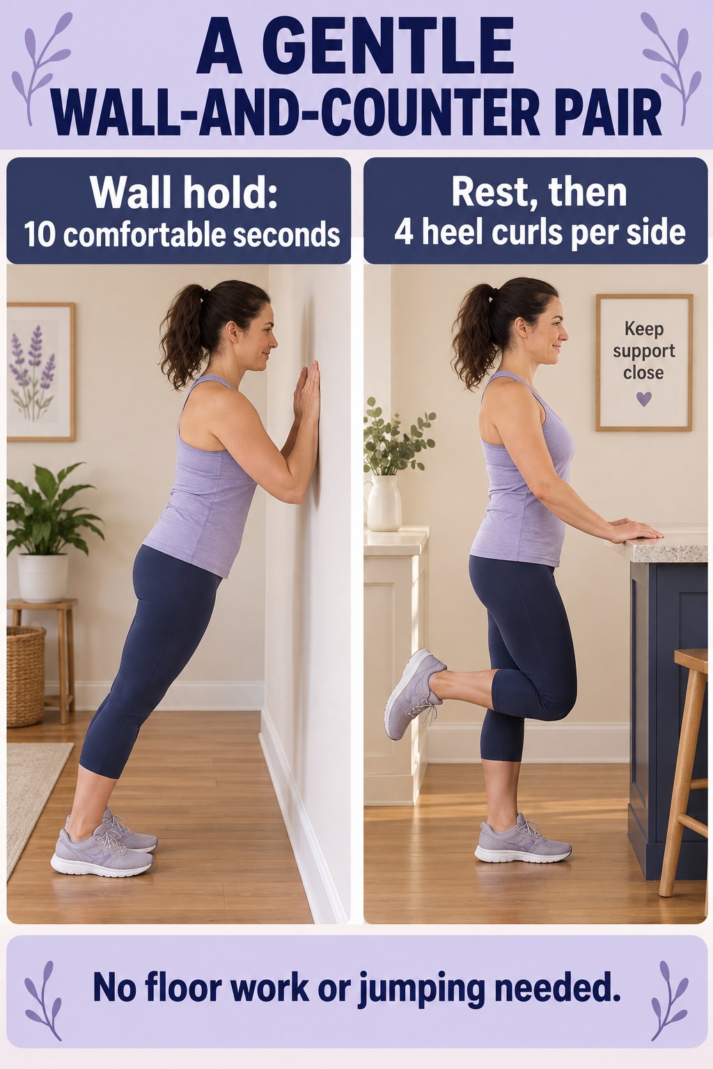 Woman practicing a forearm wall hold and a supported heel curl beside a fixed counter.