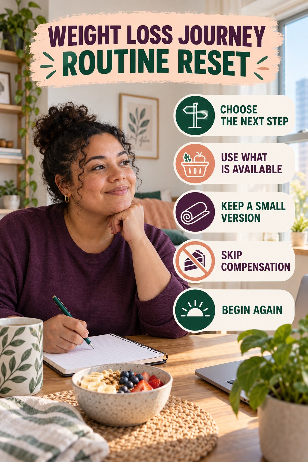 Get-Back-on-Track Reset for Weight Loss Journey with five readable routine-reset cues and a realistic board-relevant wellness scene.