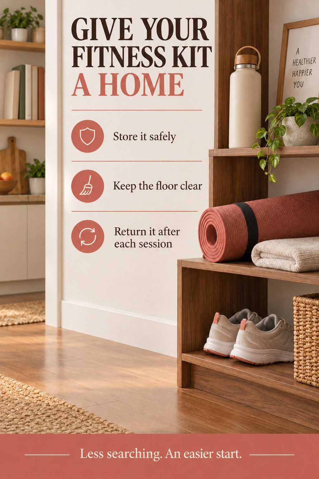 A rolled mat, towel, bottle, and walking shoes are stored neatly on a wooden shelf beside three simple storage reminders.