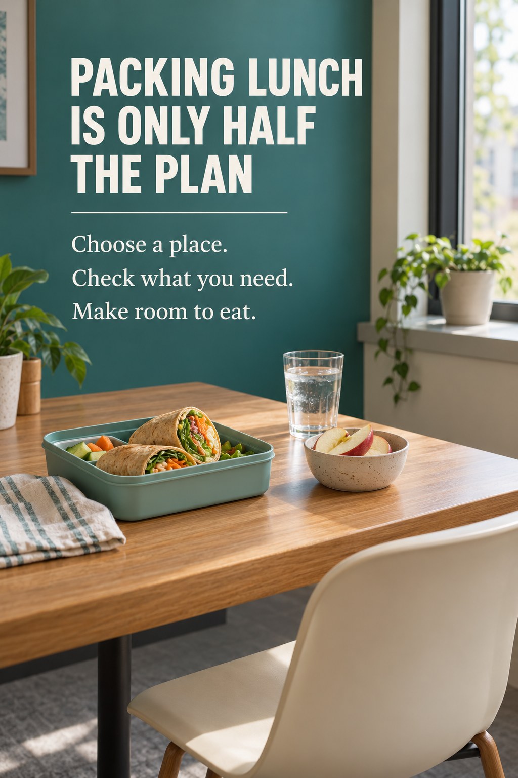 Lunch container and water at a quiet breakroom table beside encouragement to plan where lunch will be eaten.